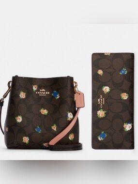 NWT COACH Mini Town Bucket Bag Signature Canvas Vintage Rose & Slim Wallet Set